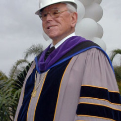 The Rev. Robert Schuller of the Crystal Cathedral in Garden Grove, Calif., wears his preaching robes and a hard hat for the groundbreaking ceremony Sunday (March 11) for the $20 million International Center for Possibility Thinking on the Crystal Cathedral campus. Photo by Ted Parks.
