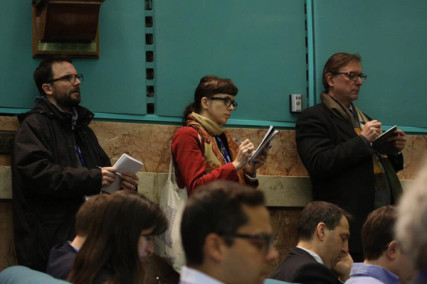 Reporters listen as Cardinal Seán O'Malley and Cardinal Daniel DiNardo of Houston spoke to the media on Tuesday, March 5, at the Pontifical North American College. Photo courtesy George Martell / The Pilot of Boston.