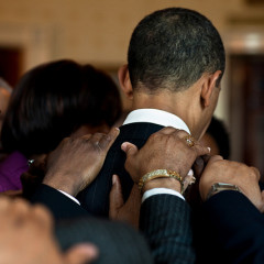 President Barack Obama prays with Christian leaders in the Blue Room of the White House, prior to the Easter Prayer Breakfast, April 6, 2010. Photo by Pete Souza / courtesy The White House Flickr stream (http://flic.kr/p/82hsCG)