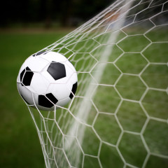A soccer ball in a goal.