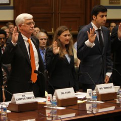 Witnesses, including USCIRF Chairwoman Katrina Lantos Swett, left, and Thomas Farr, second from left, are sworn in at the first-ever congressional hearing on the International Religious Freedom Act. RNS photo courtesy House Committee on Government Oversight.
