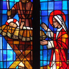 (RNS) A stained glass window at St. Andrew's Episcopal Cathedral in Honolulu, Hawaii, depicts the nativity scene with Mary, Joseph, and baby Jesus. RNS photo by Kevin Eckstrom.