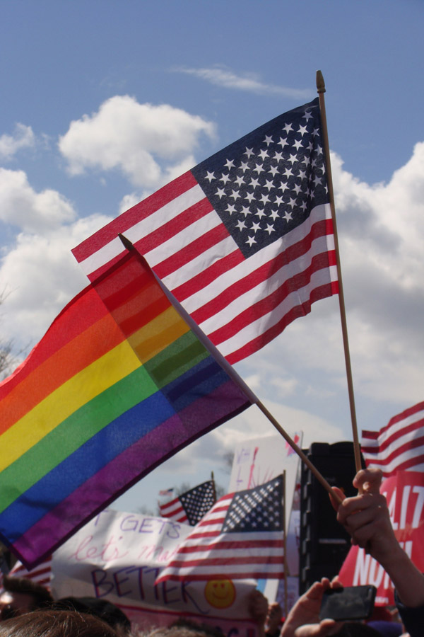 (RNS) Supporters of gay marriage rally outside the U.S. Supreme Court on March 27 as the court heard a challenge to the Defense of Marriage Act. RNS photo by Kevin Eckstrom.